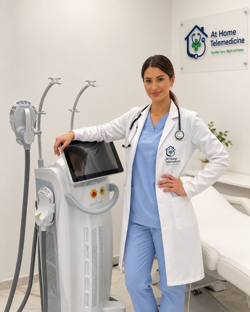 At Home Telemedicine practitioner in clinic with care equipment